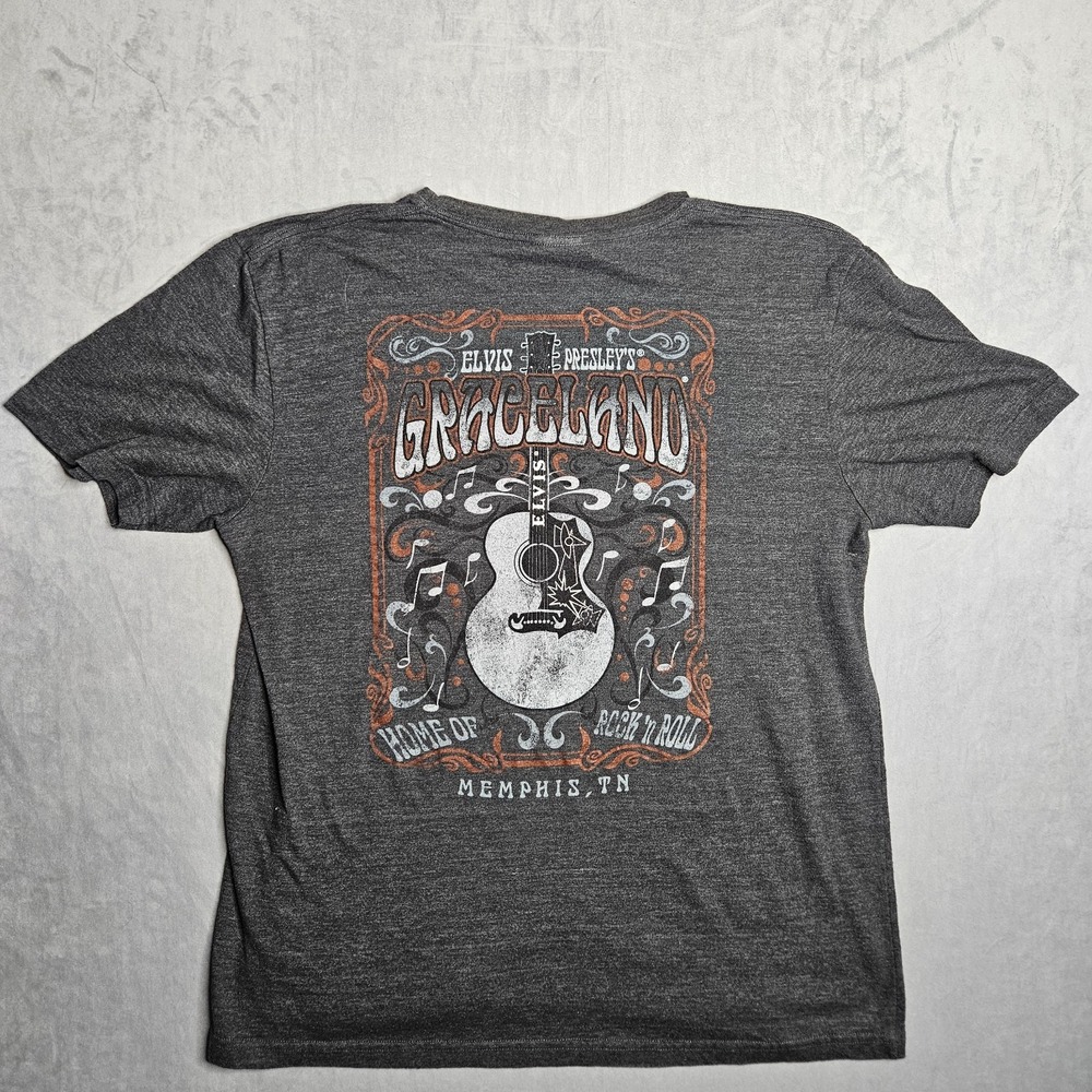 Vintage Elvis Presley T-Shirt Mens XL Gray Graceland Graphic Print Guitar Y2K